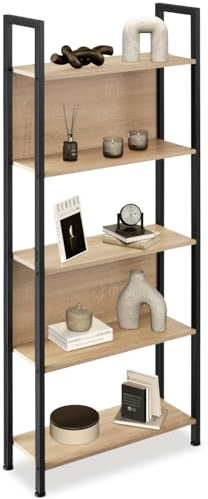 tectake® Étagère échelle à 5 Niveaux Dont Deux avec parois arrières, 62 x 24 x 165,5 cm, Bibliothèque Style Industriel, Meuble de Rangement Chambre Salon Bureau, Etagere Bibliotheque, Bois Clair