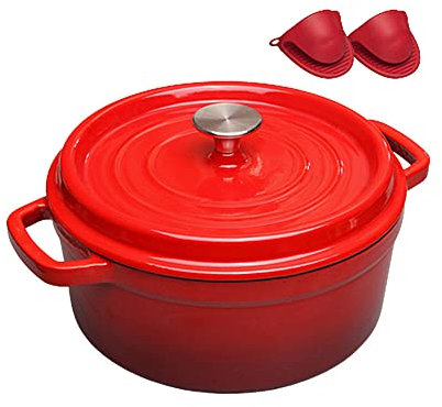 Cast Iron Pot with Lid - Non-Stick Ovenproof Enamelled Casserole Pot - Sturdy Dutch Oven Cookware - 3.8 Liters Enamelled Casserole Dish with Double Loop Handle Red 22cm