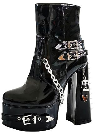 blingqueen Punk Stiefeletten Damen Plateau Blockabsatz Biker Boots Lack Schwarz 45 EU