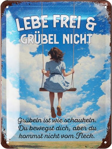 LANOLU Retro Blechschild 'Lebe frei und grübel nicht', vintage Metallschilder mit Sprüchen, Shabby Chic Deko Küche und Garten, lustige Schilder aus Metall 15x20cm