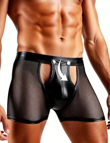 Ohjeah Lady - Sexiga Boxershorts för Män, Öppen Framsida, PU-Läder, Stora Storlekar, Mesh, Wetlook