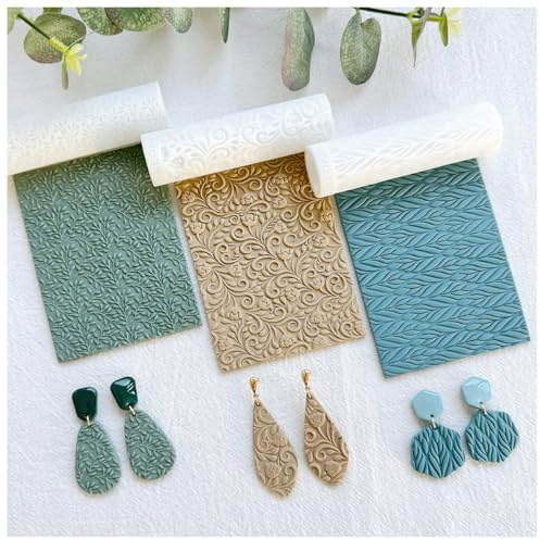 Rodillo de textura de arcilla de polímero Keoker, juego de 3 rodillos para hacer aretes, como hojas de textura, ideal para usar con cortadores de arcilla (3 piezas, diseño de hoja)