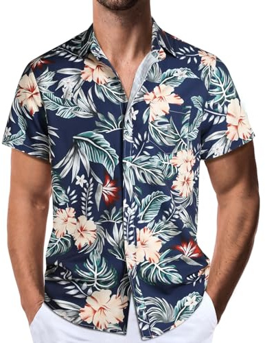 Danfiki Camicia Hawaiana Fiori Uomo a Maniche Corte Collo Botton-Down da Uomo Camicia da Uomo Hawaiana Stampa Hawaiana
