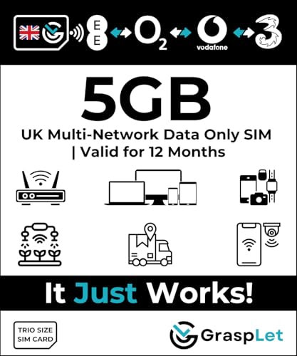 UK Multi-Network Data SIM Card | Automatically Selects the Strongest Network: EE, Three, O2, or Vodafone (5GB - 12 Months)