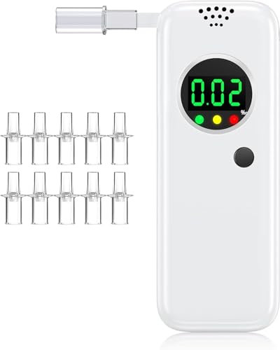 Hoonyer Breathalyser Alcohol Tester, Police High Precision Per Mille Meter with Digital Colour LCD Display, Professional Alcohol Tester with 10Pcs Mouthpieces (White)