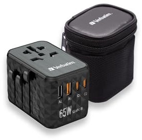 Verbatim GaN Universal Reiseadapter mit integriertem Kabel, 85 W, Steckdosenadapter mit 1 USB‑A & 3 USB-C Anschlüssen, Schnellladegerät für MacBook, Laptop, iPhone 17, weltweit einsetzbar, 100–250 V