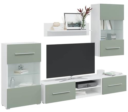 IKAYAA Set Arredamento Soggiorno Mobile Moderno 5 pz con Illuminazione a LED Parete attrezzata Soggiorno-Verde Oliva