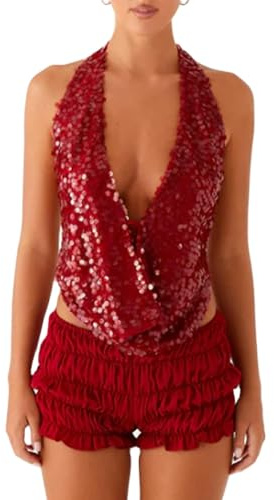 Débardeurs à col licou pour femmes avec paillettes scintillantes, hauts sans manches sexy à col en V profond avec dos nu noué, caraco d'été pour club et soirée, A - Rouge, S