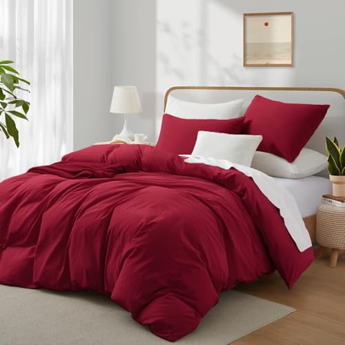 Boqingzhu Baumwolle Bettwäsche 155x220cm Rot Einfarbig Uni Ästhetik Weich Renforce Baumwollbettwäsche Bettbezug 155x220cm und 2 Kissenbezüge 80x80cm mit Reißverschluss
