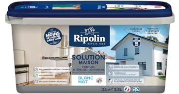 RIPOLIN - Peinture Ultra-Couvrante Solution Maison - Murs & Plafonds - Intérieur & Extérieur - Finition Mat - Séchage Rapide - 2,5L