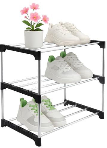 3 Ebenen Schuhregal Platzsparend, 42 x 40 x 25 cm Shoe Rack, Schuhregal Schmal, SSchuhregal Klein, Schuhablage, Kleines SSchuhregal Metall Schwarz Schmales, Schuhregals Outdoor für Flure、Wohnzimmer