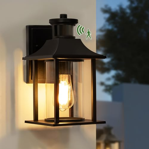 LMP Outside Lights with Motion Sensor, PIR Outdoor Wall Light Mains Powered Retro Dusk Till Dawn Porch Front Door Down Lantern, Black LED External Exterior Security Sconce（E27 Bulb Included）
