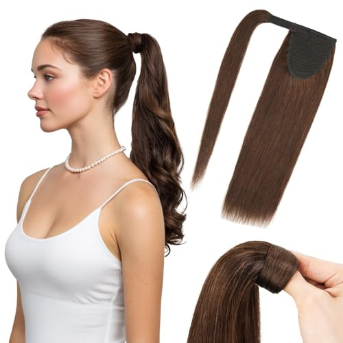 MY-LADY Coleta Postiza Pelo Natural - 45cm Extensiones de Cabello Cola Humano - Postizos de Pelo Natural Ponytail Extensiones de Cabello Liso #02 Marrón Oscuro 90g