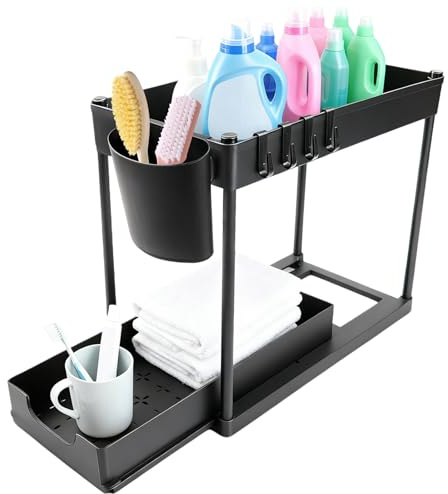 Bumabery Bajo Fregadero 2 Niveles, Deslizable Estante Almacenamiento Debajo Fregadero con 4 Ganchos, Organizador Cajones Cocina para Cocina Bano, Negro