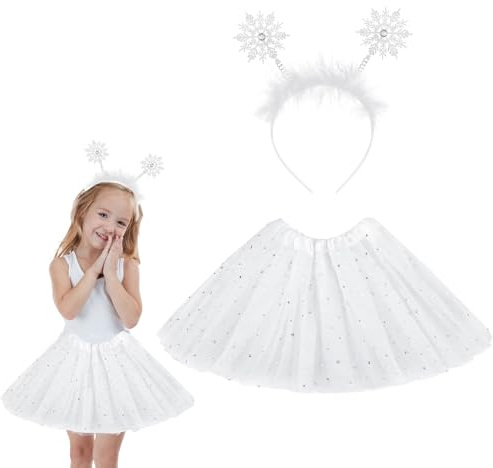 YUYWWAN juldräkt barn 2 stycken snöflingor hårband tyllkjol vit julprydnad juldräkt flicka till julfest, cosplay, karneval