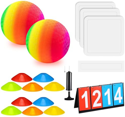 18 Pcs Sports Kickball Set Includes 2 Playground Ball with Air Pump 4 Rubber Throw Down Bases 10 Foul Line Cones and a Flip Scoreboard for Boys Girls Adults Playground School Backyard (Rainbow)