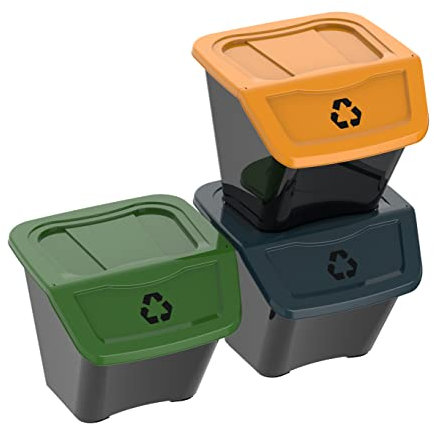 DEA HOME Pattumiera per raccolta differenziata ECOBIN, con 3 scomparti da 30 litri, in plastica, da interni ed esterni, colore nero, coperchio Verde, Blu, Giallo
