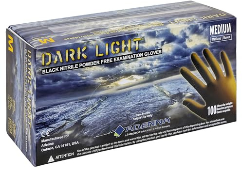 Adenna DLG675 Dark Light 9 mil Nitrile Powder Free Exam Gloves (Black, Medium) Box of 100