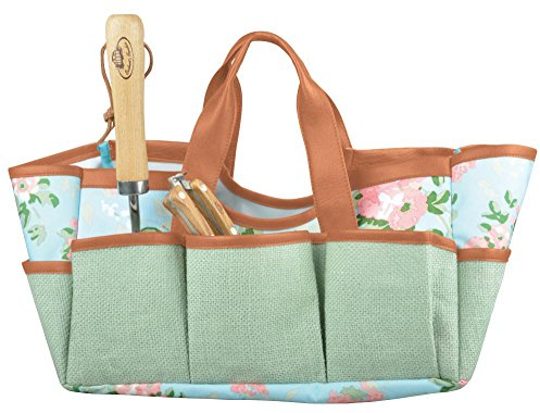 Esschert Design Jute Sac à Outils de Jardin avec Impression Rose, 29 x 24 x 25 cm, avec de Nombreuses Poches, Pliable, avec bandoulière