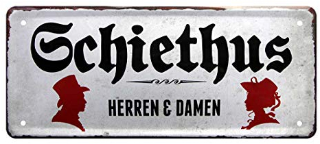 Blechschild Schiethus - Retro Toilettenschild Gästetoilette Hinweisschild Schild Toilette WC Klo Restaurant Bad Badezimmer Hotel Pension - Türschild Piktogramm - nordisch friesisch maritim - 28x12cm