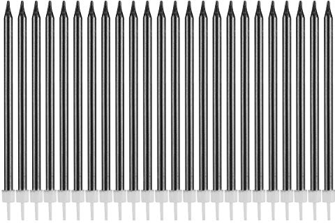 Candele metalliche con scritta Happy Birthday, alte e sottili, per torte di compleanno, decorazioni per feste di nozze (24 pezzi, nero metallizzato)