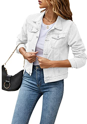 Women's Solid Color Basic Button Denim Jacket with Pockets, Casual Denim Jacket Top (A-White, XXL)