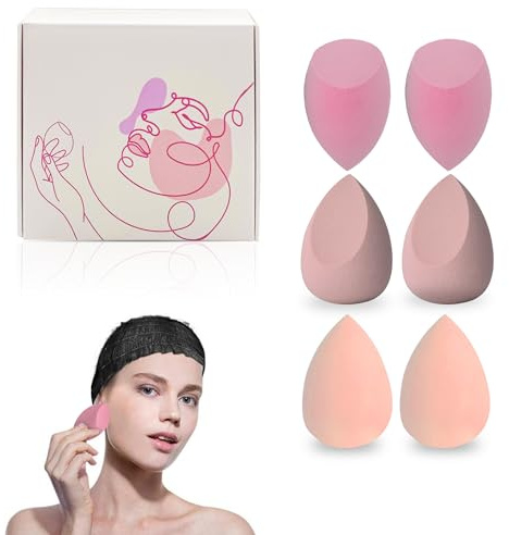 6 pz Spugnette Trucco Make Up + Fascia + Scatola di Immagazzinaggio - Beauty Blender - Spugnetta Trucco Riutilizzabile Priva di Lattice per un Make Up Naturale (Set 6 Spugne + Fascia)