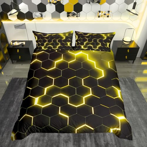 Homewish Honeycomb Duvet Cover Single, Yellow Black Bedding 2 Pieces | Neon Hexagon Honeycomb Quilt Cover 2 Piece, Modern Geometrical Beehive Bed Sets for Boys Men