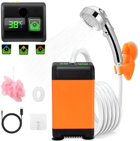 Tragbare Campingdusche Akku mit Pumpe, Camping Dusche mit Wiederaufladbarem 7800mAh Akku und Temperaturanzeige, Mobile Duschen Set mit Duschkopf und Schlauch für Wandern, Camping, Reisen, Strand