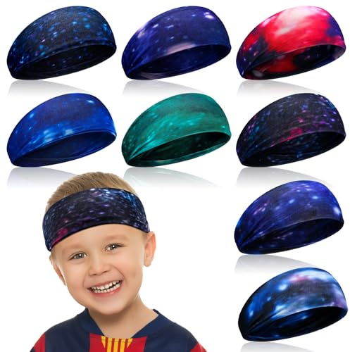 Haull Kids 8 Pcs Sports Headbands, Athletic Headbands for Boys, Breathable Running Headband, Elastic Hairband for Girls, Children Football Basketball Sports Exercise, Galaxy