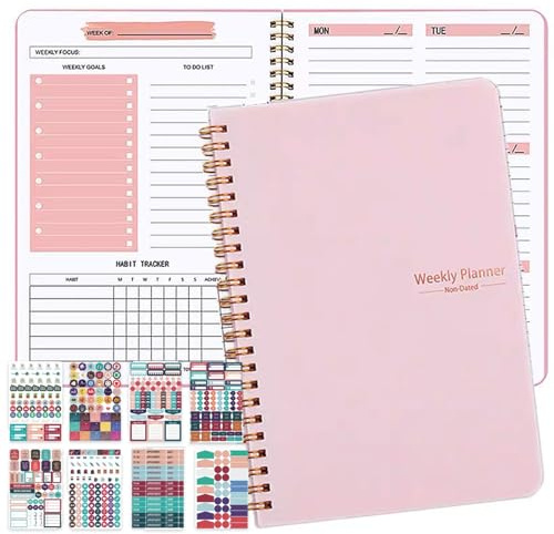 Weekly Planner Pianificatore Settimanale Formato A5 Raccoglitore Senza Data Agenda Settimanale da 52 Calendario Degli Studenti Delle Attività Agenda Giornaliera Taccuino a Spirale(Rosa)