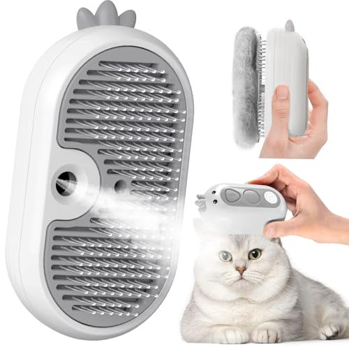 Katzenbürste mit Dampf & Auslöseknopf, Wiederaufladbar Dampfbürste von Katze Hunde, Spray Haustierhaar Bürste, Massage Steamer Kamm für Langhaar und Kurzhaar zum Entfernen Losem Fell und Schmutz