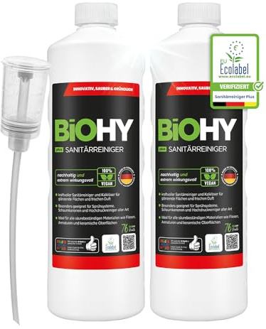 BiOHY Sanitetsrengörare Plus (2 x 1l flaska) + doser | Kalknedbrytande koncentrat för sanitetsområdet | Badrumsrengöring med en behaglig och fräsch doft | EXTRA STARK (Sanitärreiniger Plus)