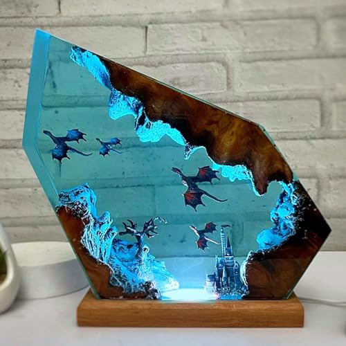 Drawelry Ocean Creative Epoxy Resin Wood Light Lamp, Handmade Multi Color Deep Sea Diver Cave Diving Enthusiasts Led Night Light, Aquatic Ocean Lamp Birthday Desktop Decor Gift (Dragon)