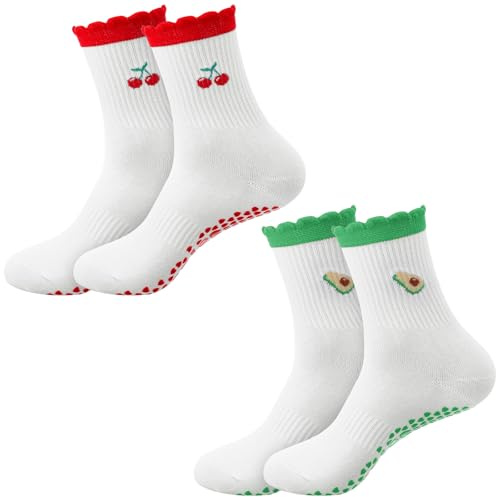 KFHENSOMR 2 Paare Pilates Socken Stoppersocken Rutschfeste Yoga Socken Damen mit Frucht Motiv Yogasocken Antirutsch Grip Socks für Pilates Barre Yoga Ballett Tanzen Trampolin Barfuß