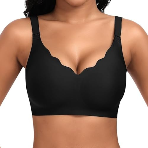 Cavotor Non Wired Support Bras for Women Wireless Push Up Bra Large Breasts Ladies Soft T Shirt Seamless Bra Padded V Neck Bralettes with Extender (Black,XL)