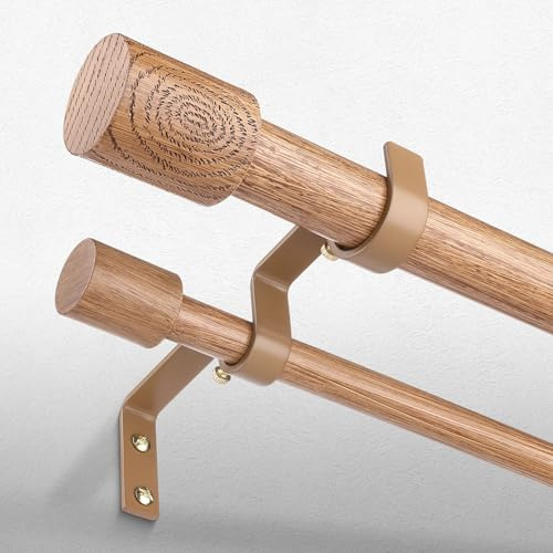 Wood Double Curtain Rods for Windows 36 to 72 Inch, Adjustable Decorative 1 Inch Heavy Duty Dual Curtain Rod, Boho Farmhouse Window Treatment Rods with Modern Faux Wood Grain Finials