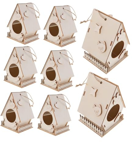 SOPOTUTU 8PCS Wooden Birdhouse Kit DIY Unpainted Craft Bird Houses for Painting Hanging Wooden Bird Nest Boxes for Garden Balcony Decor Creative Family Art Project