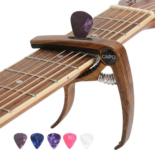 LOLANIUT cejilla guitarra española con 5 púas, cejilla guitarra con diseño de madera, accesorio tres en uno, perfecta para guitarra acústica, guitarra occidental y accesorios de guitarra