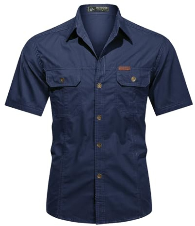 Muwodkdn Chemise Homme Manches Courtes Coton Cargo avec 2 Poches Poitrine | Chemisette Boutonnée Col Montant Slim Fit Couleur Unie Chemises de Travail Homme Safari Militaire Tactique Shirt