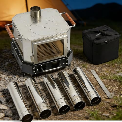 Tältkamin Vedeldad kamin, med glasfönster, effektiv uppvärmning och matlagning, inkluderar skorstensrör för utomhusäventyr, med 5 skorstensrör och glasfönster