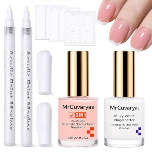 Jelly Pink nagelvårdsset – 2 stycken vård nagellack med mjölkvit rosa lack, 3 nagelkonstpennor och borstar, snabbtorkande utan UV-lampa, för franska nails, rosa vit gradient och gör-det-själv-manikyr