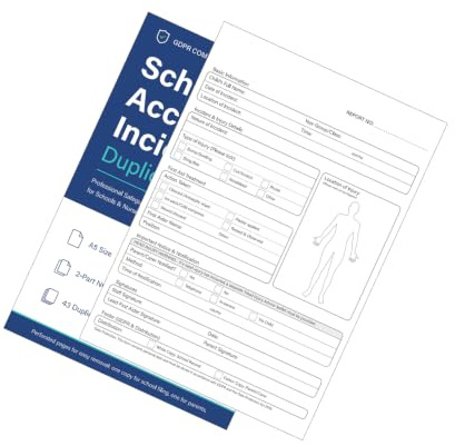 Rapport om skololyckor, A5 2-delad NCR-duplicat, 43 uppsättningar | 43 NCR-uppsättningar, överordnad/vårdnadskopia, kroppsdiagram, information om första hjälpen, perforerade sidor