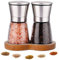 LessMo Salt and Pepper Mills with Beech Stand- Set of Grinders with Adjustable Coarseness - Brushed Stainless Steel, for Black Peppercorn Spice