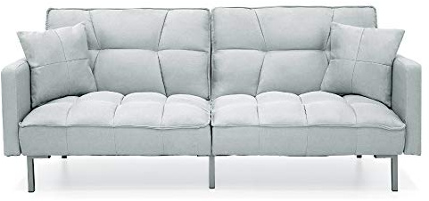 Best Choice Products Convertible Linen Fabric Tufted Split-Back Plush Futon Sofa Furniture for Living Room, Apartment, Bonus Room, Overnight Guests w/ 2 Pillows, Wood Frame, Metal Legs - Light Gray