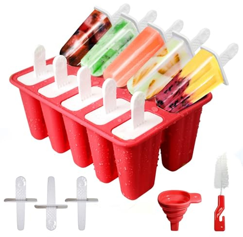 Silicone Ice Lolly Moulds with Sticks, Cleaning Brush and Folding Funnel | 10-Cavity Silicone Non-Stick Popsicle Moulds Ice Cream Moulds Dishwasher-Safe, BPA-Free