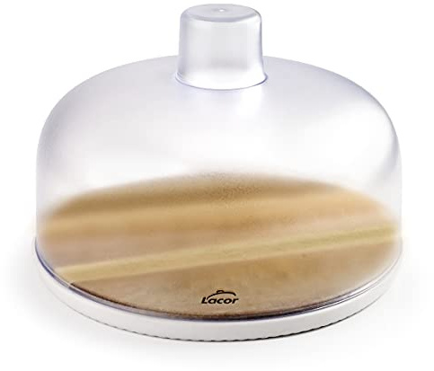 Lacor - 62404 – Rund ostskål med plastlock, naturlig acacia träbas, behållare för lagring och skärning ost, skålar och andra livsmedel, ogenomskinlig lock, BPA fri, Ø 26