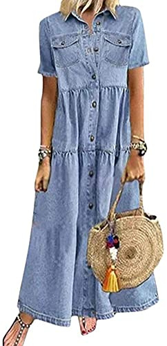 Yesgirl Robe Jean Été Femme De Plage Rétro Denim Robes Col V Casual Tuniques Ample Chemise Longue Chemisier en Jean Maxi Robe 01 E Bleu XL