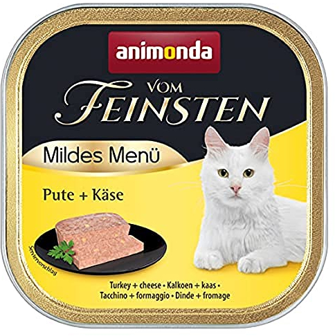 animonda Vom Feinsten Adult Mildes Menü Pute + Käse (32 x 100 g), Nassfutter für sensible Katzen, Katzenfutter ohne Getreide und Zucker, leicht verdauliches Futter mit Putenfleisch