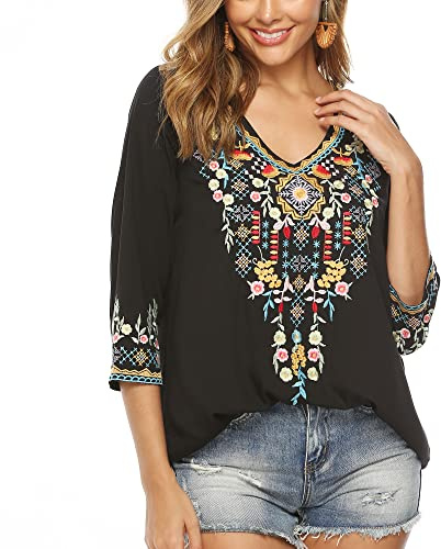 Seasonal Maglietta Estiva da Donna con Ricamo, Camicia Ricamata, Scollo a V, Maniche a 3/4, Top a Tunica, da Donna,Nero-054,XL